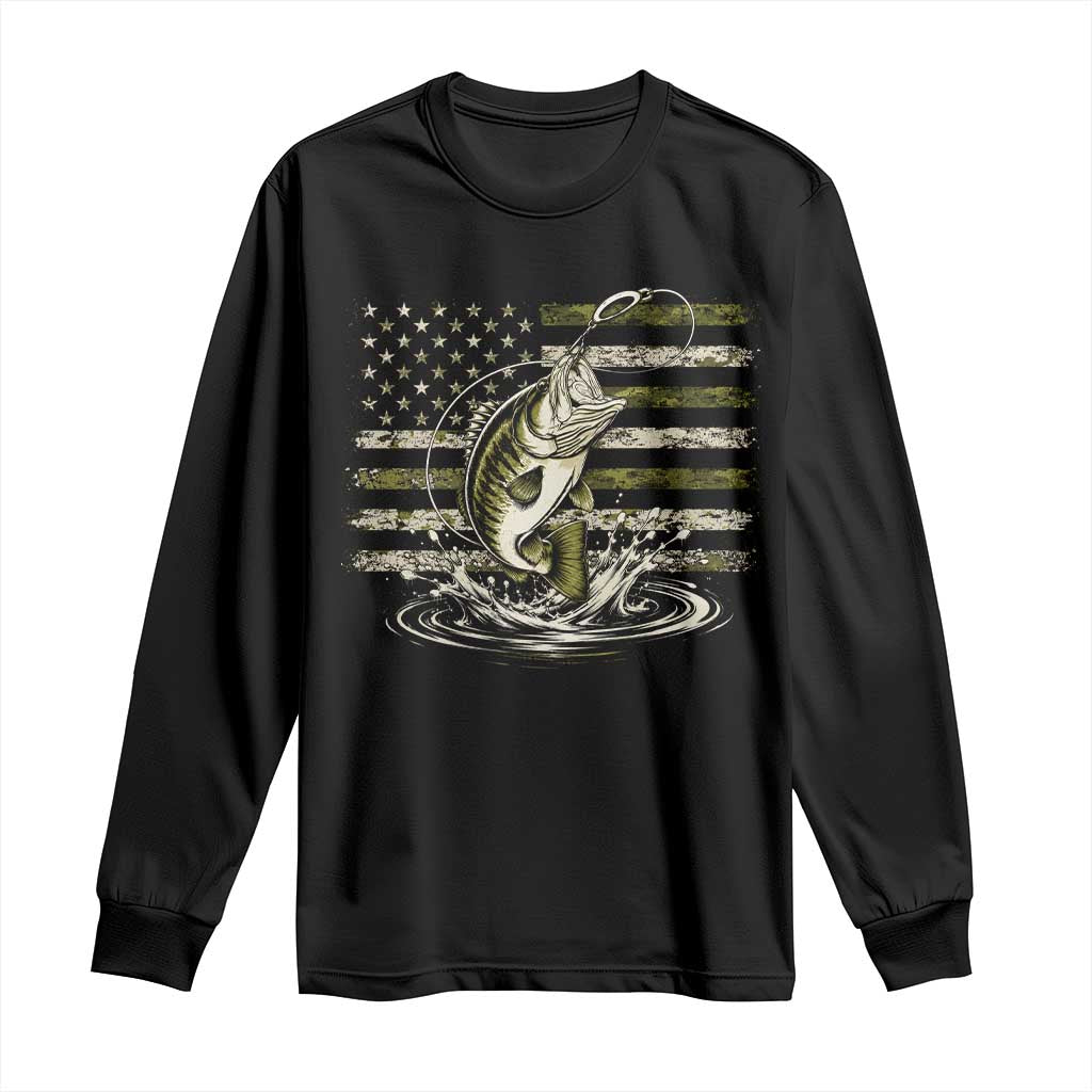 Vintage Bass Fishing Camouflage Long Sleeve Shirt Patriotic Largemouth Bass Angler Fishing Lovers Fisherman Camo US Flag