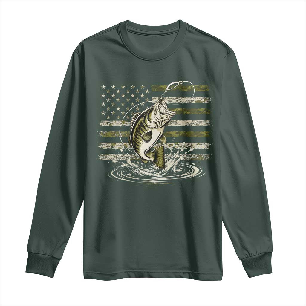 Vintage Bass Fishing Camouflage Long Sleeve Shirt Patriotic Largemouth Bass Angler Fishing Lovers Fisherman Camo US Flag