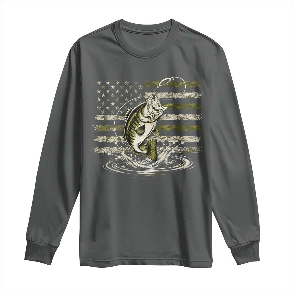 Vintage Bass Fishing Camouflage Long Sleeve Shirt Patriotic Largemouth Bass Angler Fishing Lovers Fisherman Camo US Flag