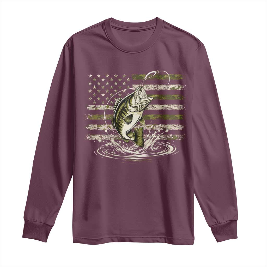 Vintage Bass Fishing Camouflage Long Sleeve Shirt Patriotic Largemouth Bass Angler Fishing Lovers Fisherman Camo US Flag