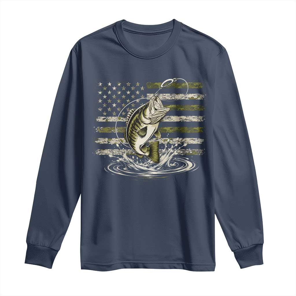 Vintage Bass Fishing Camouflage Long Sleeve Shirt Patriotic Largemouth Bass Angler Fishing Lovers Fisherman Camo US Flag