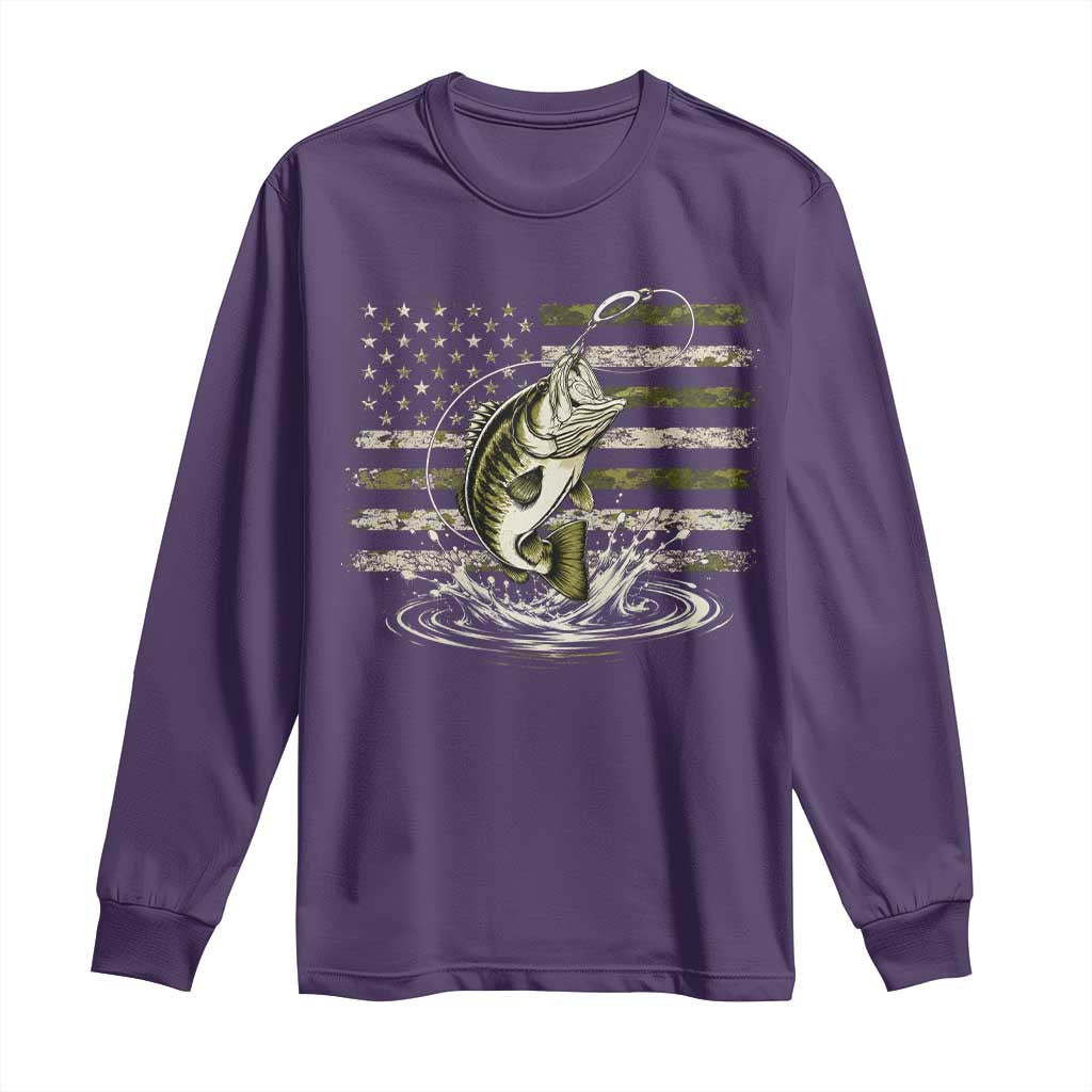 Vintage Bass Fishing Camouflage Long Sleeve Shirt Patriotic Largemouth Bass Angler Fishing Lovers Fisherman Camo US Flag