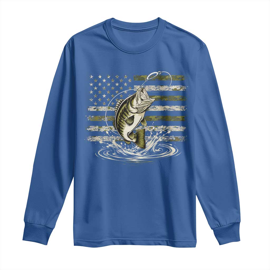 Vintage Bass Fishing Camouflage Long Sleeve Shirt Patriotic Largemouth Bass Angler Fishing Lovers Fisherman Camo US Flag
