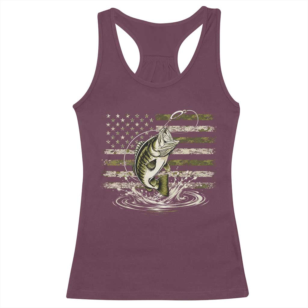 Vintage Bass Fishing Camouflage Racerback Tank Top Patriotic Largemouth Bass Angler Fishing Lovers Fisherman Camo US Flag