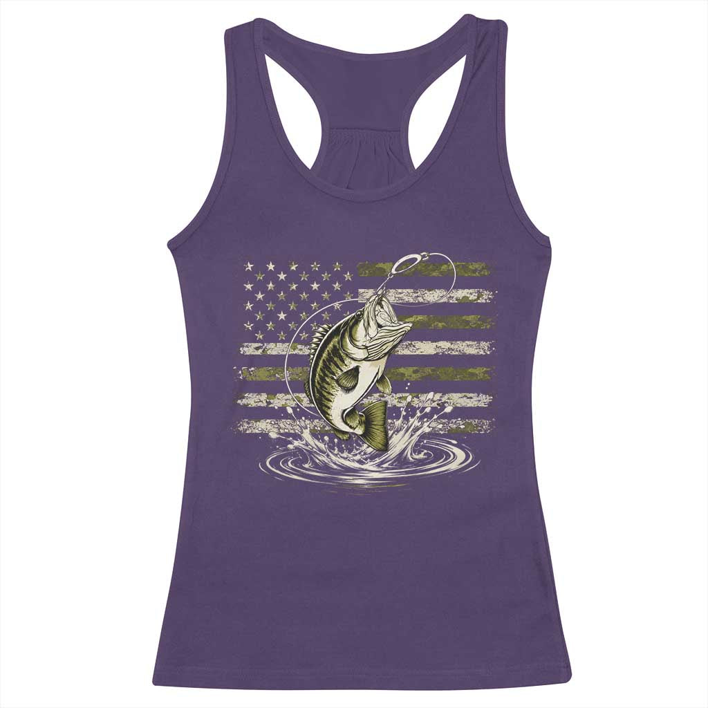 Vintage Bass Fishing Camouflage Racerback Tank Top Patriotic Largemouth Bass Angler Fishing Lovers Fisherman Camo US Flag