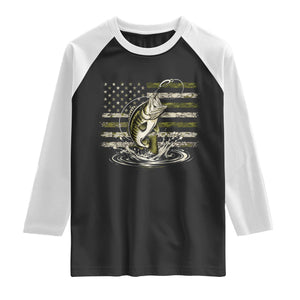 Vintage Bass Fishing Camouflage Raglan Shirt Patriotic Largemouth Bass Angler Fishing Lovers Fisherman Camo US Flag