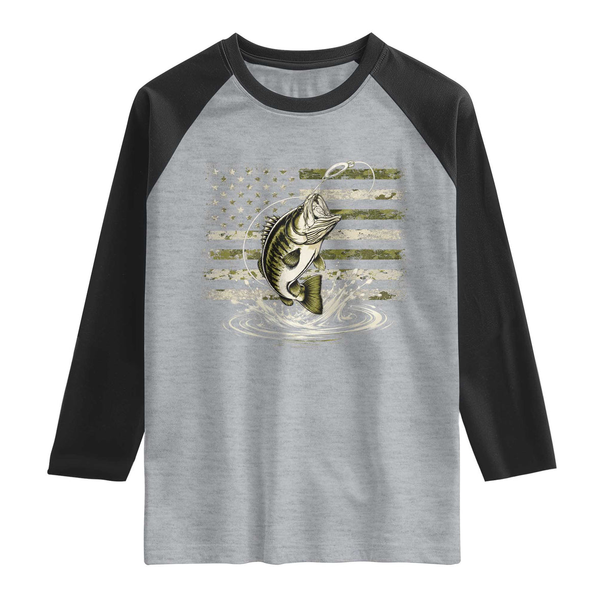Vintage Bass Fishing Camouflage Raglan Shirt Patriotic Largemouth Bass Angler Fishing Lovers Fisherman Camo US Flag