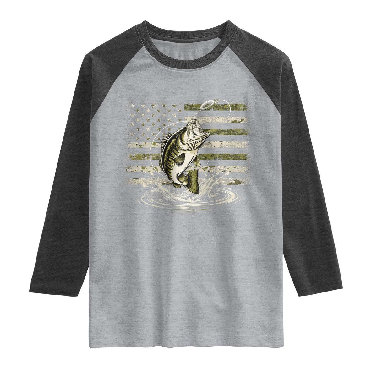 Vintage Bass Fishing Camouflage Raglan Shirt Patriotic Largemouth Bass Angler Fishing Lovers Fisherman Camo US Flag
