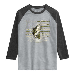 Vintage Bass Fishing Camouflage Raglan Shirt Patriotic Largemouth Bass Angler Fishing Lovers Fisherman Camo US Flag