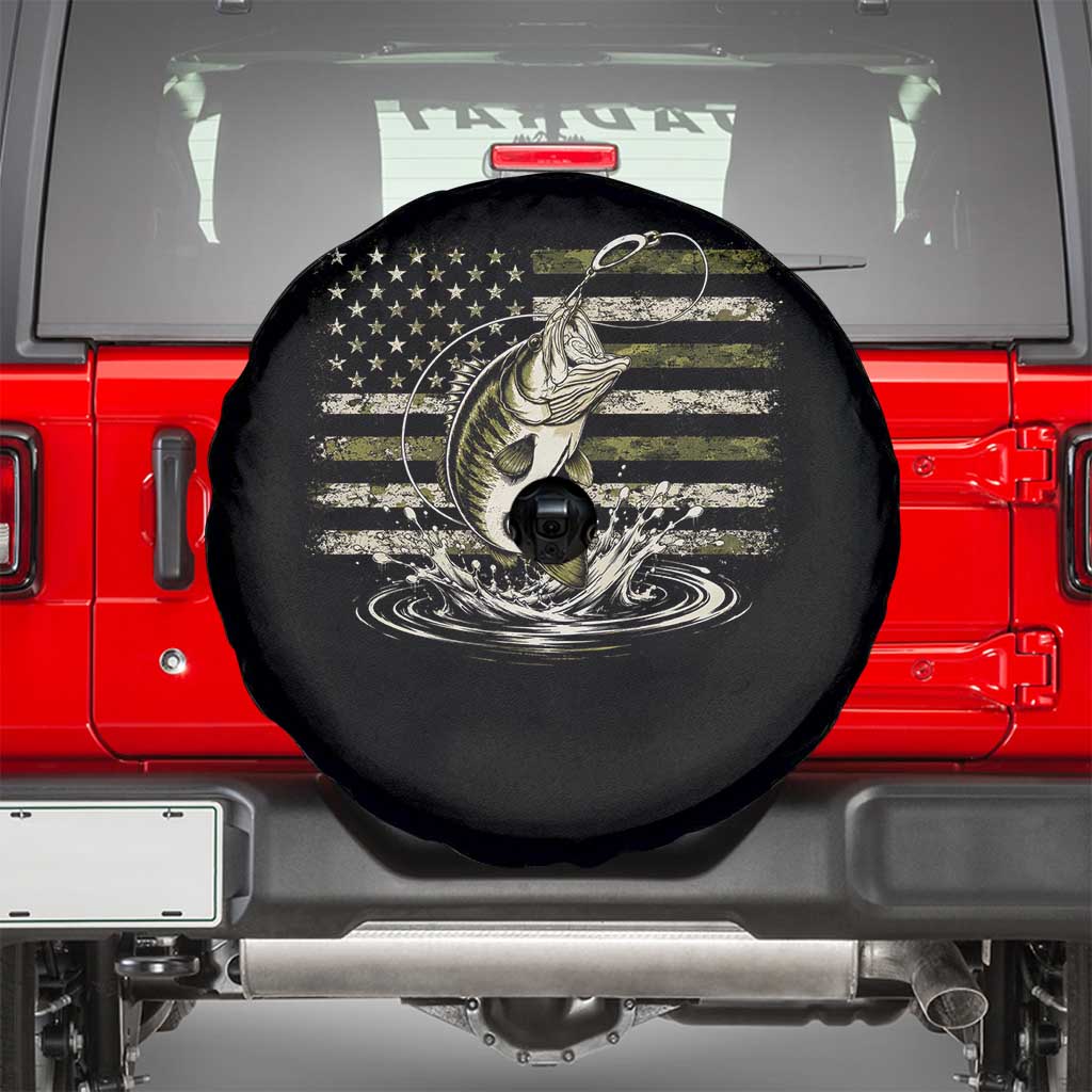 Vintage Bass Fishing Camouflage Spare Tire Cover Patriotic Largemouth Bass Angler Fishing Lovers Fisherman Camo US Flag
