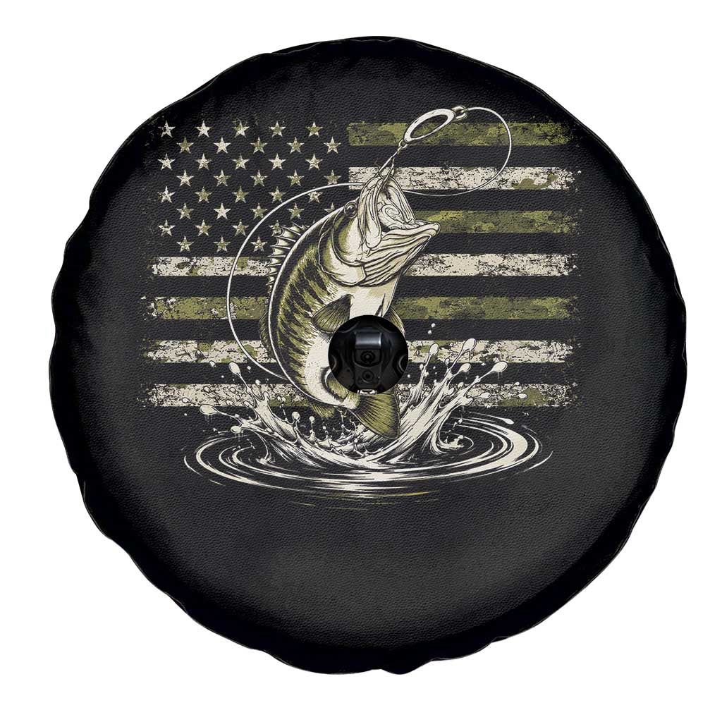 Vintage Bass Fishing Camouflage Spare Tire Cover Patriotic Largemouth Bass Angler Fishing Lovers Fisherman Camo US Flag