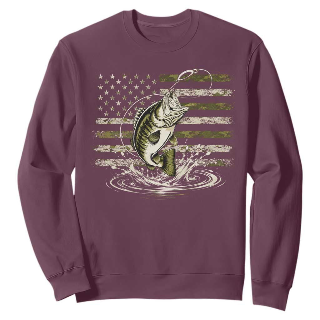 Vintage Bass Fishing Camouflage Sweatshirt Patriotic Largemouth Bass Angler Fishing Lovers Fisherman Camo US Flag