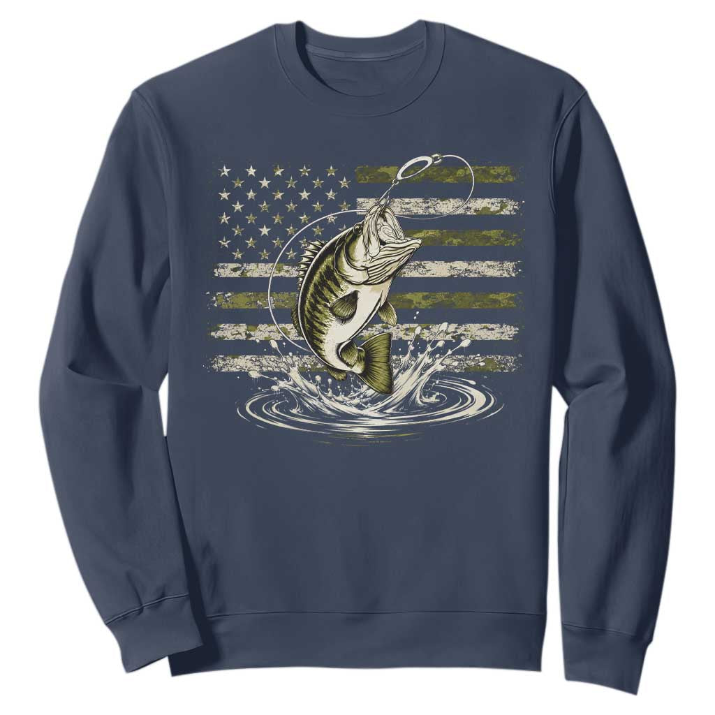 Vintage Bass Fishing Camouflage Sweatshirt Patriotic Largemouth Bass Angler Fishing Lovers Fisherman Camo US Flag