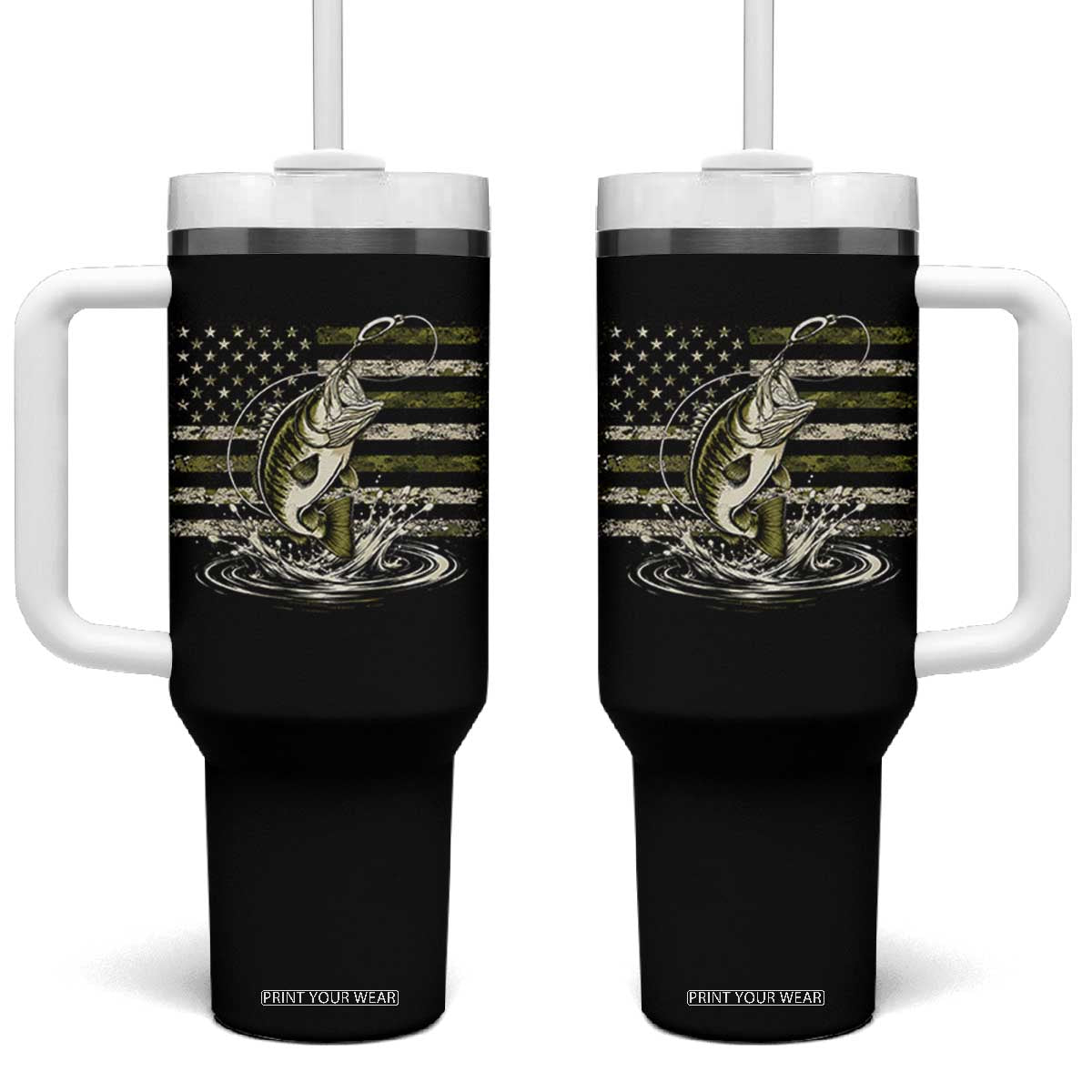 Vintage Bass Fishing Camouflage Tumbler With Handle Patriotic Largemouth Bass Angler Fishing Lovers Fisherman Camo US Flag