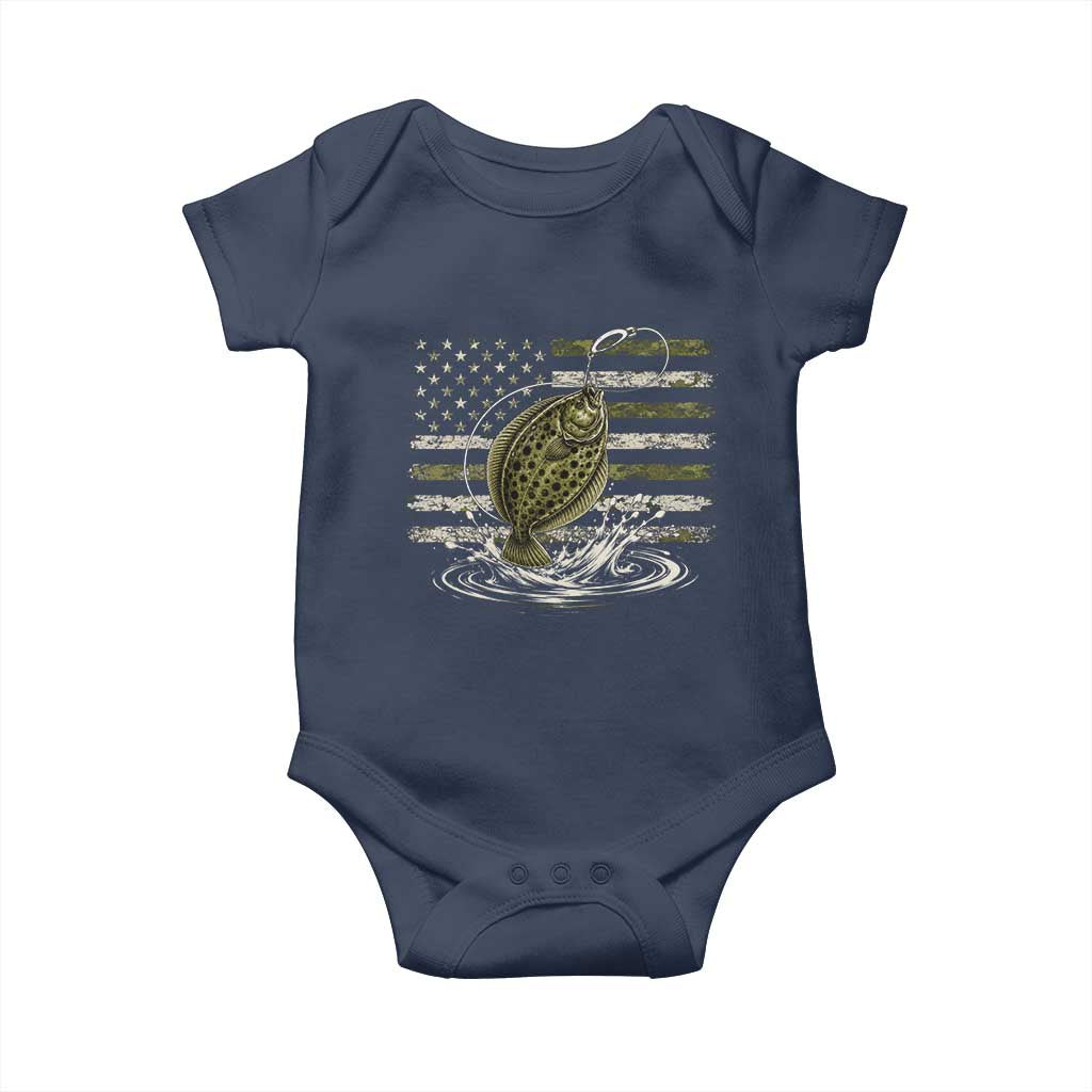 Flounder Fishing Camouflage American Flag Baby Onesie Patriotic Flatfish Angler Gift Saltwater Fishing Lovers