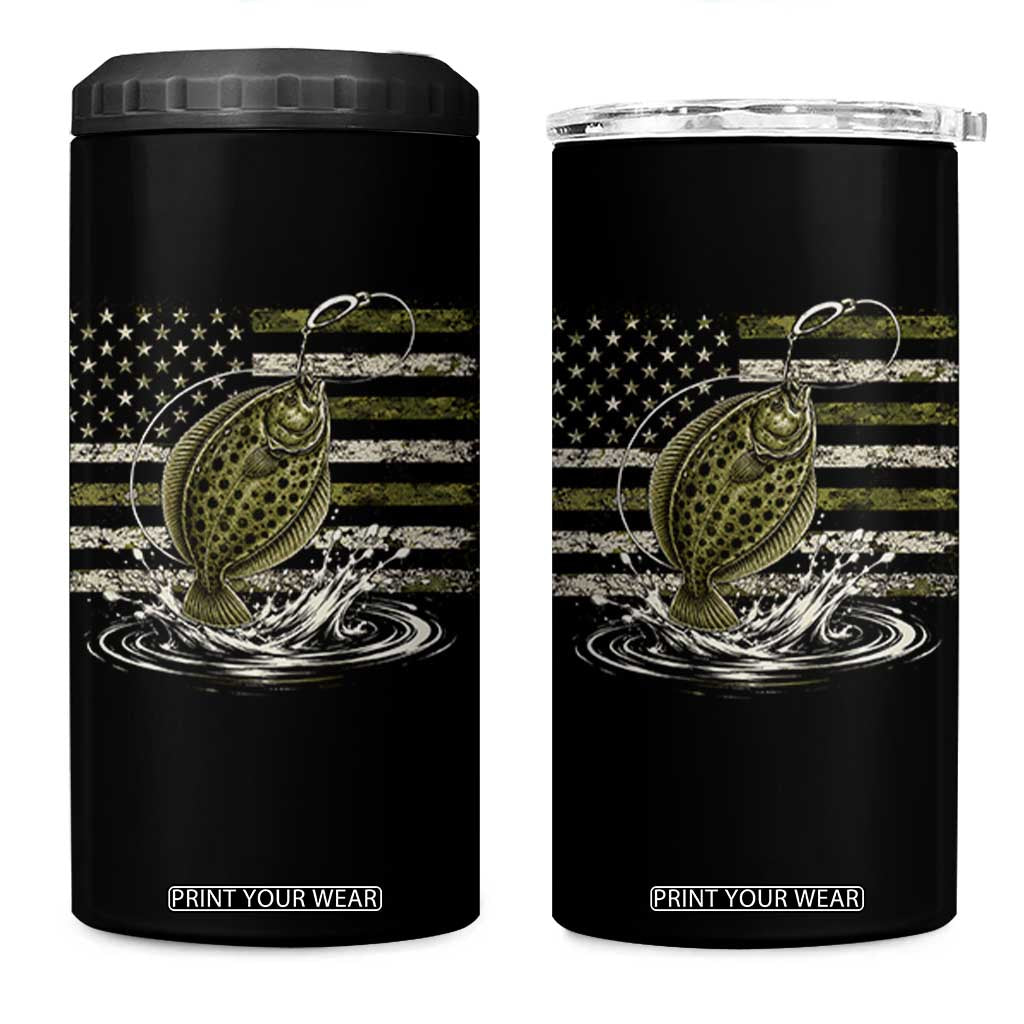 Flounder Fishing Camouflage American Flag 4 in 1 Can Cooler Tumbler Patriotic Flatfish Angler Gift Saltwater Fishing Lovers
