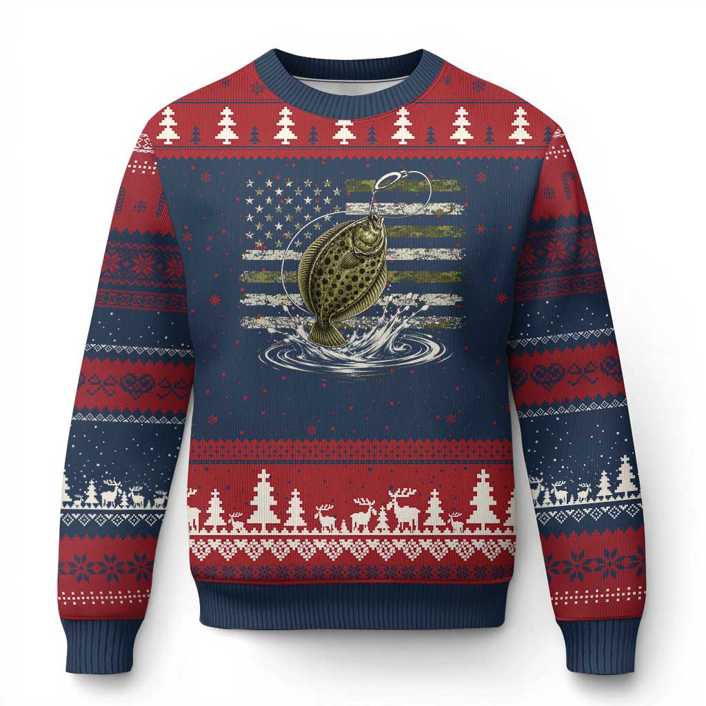 Flounder Fishing Camouflage American Flag Ugly Christmas Sweater Patriotic Flatfish Angler Gift Saltwater Fishing Lovers TS10 Navy Red Print Your Wear