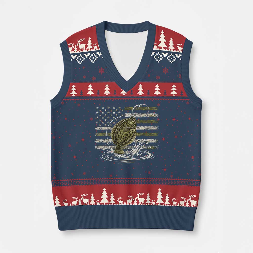 Flounder Fishing Camouflage American Flag V-Neck Knit Sweater Vest Patriotic Flatfish Angler Gift Saltwater Fishing Lovers
