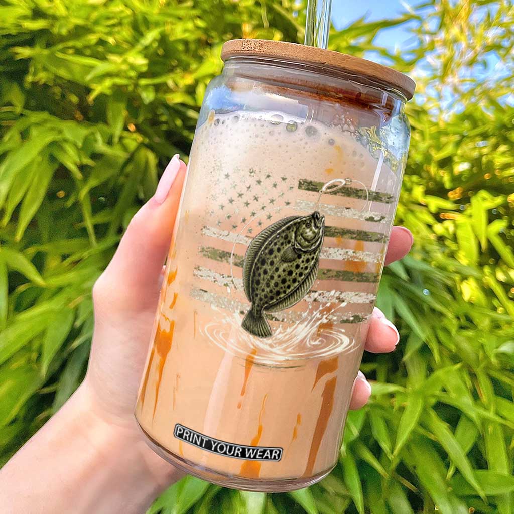 Flounder Fishing Camouflage American Flag Glass Can Patriotic Flatfish Angler Gift Saltwater Fishing Lovers