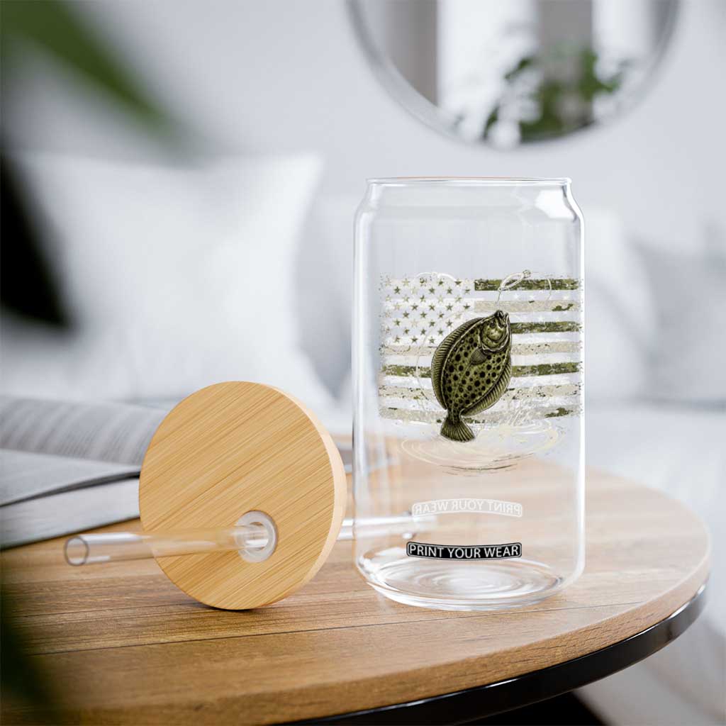 Flounder Fishing Camouflage American Flag Glass Can Patriotic Flatfish Angler Gift Saltwater Fishing Lovers