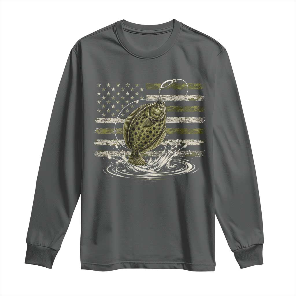 Flounder Fishing Camouflage American Flag Long Sleeve Shirt Patriotic Flatfish Angler Gift Saltwater Fishing Lovers