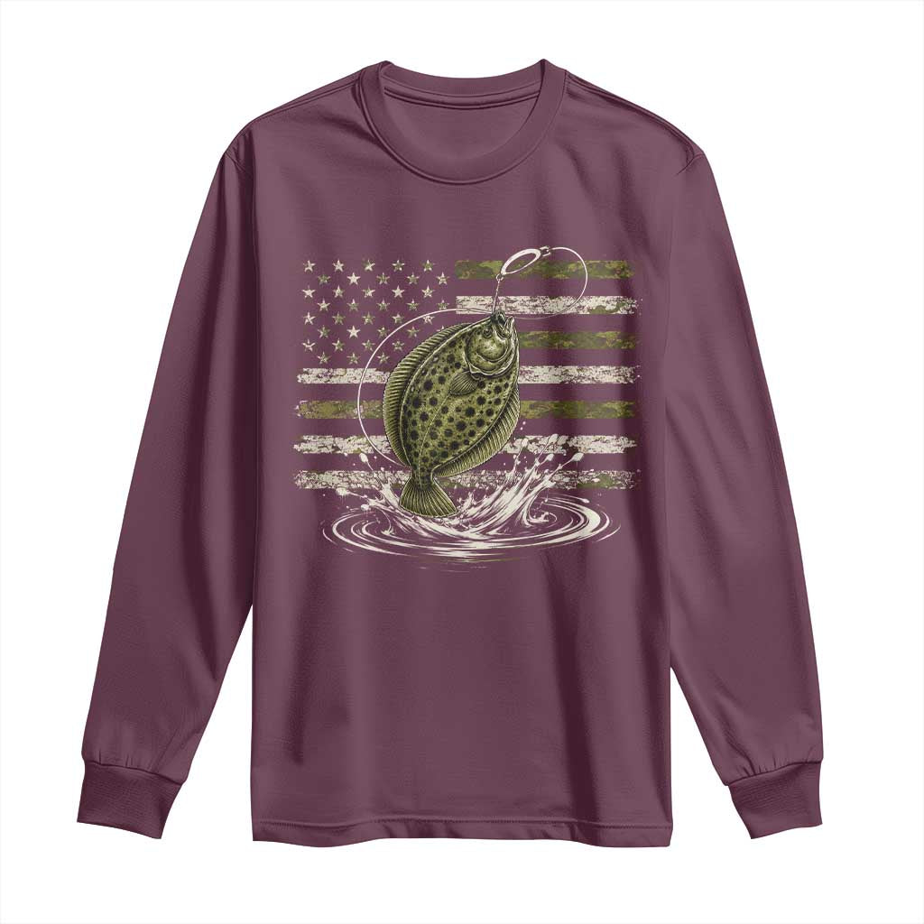 Flounder Fishing Camouflage American Flag Long Sleeve Shirt Patriotic Flatfish Angler Gift Saltwater Fishing Lovers