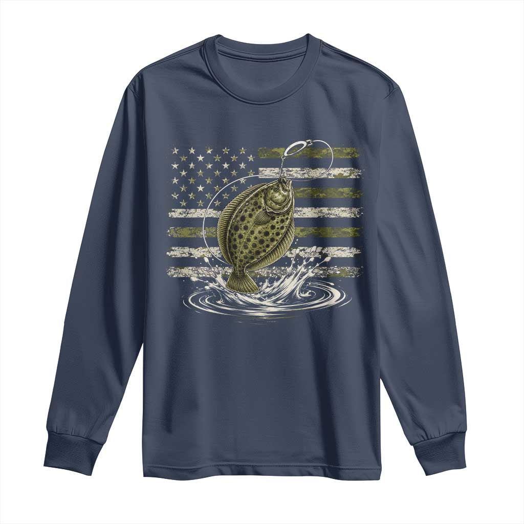 Flounder Fishing Camouflage American Flag Long Sleeve Shirt Patriotic Flatfish Angler Gift Saltwater Fishing Lovers
