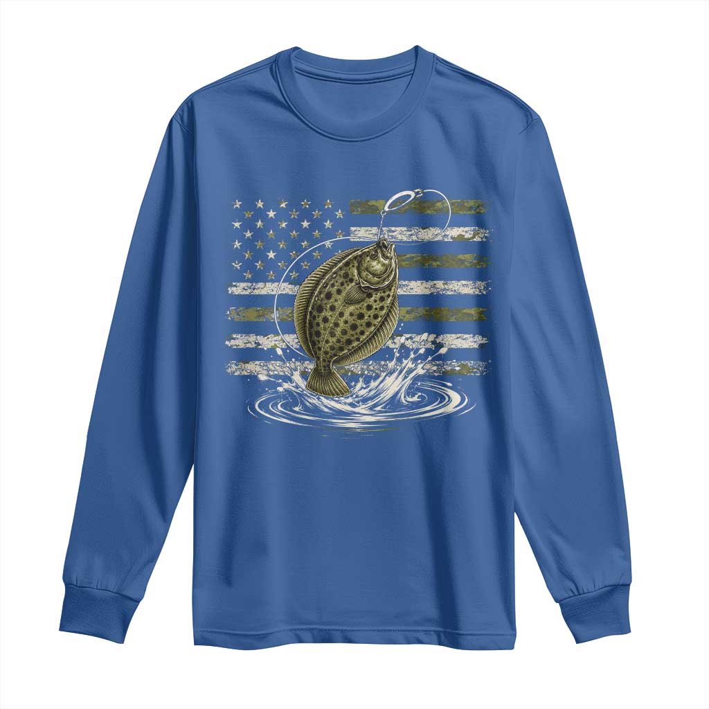 Flounder Fishing Camouflage American Flag Long Sleeve Shirt Patriotic Flatfish Angler Gift Saltwater Fishing Lovers