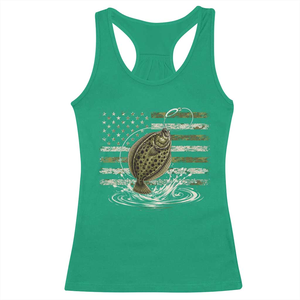 Flounder Fishing Camouflage American Flag Racerback Tank Top Patriotic Flatfish Angler Gift Saltwater Fishing Lovers