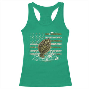 Flounder Fishing Camouflage American Flag Racerback Tank Top Patriotic Flatfish Angler Gift Saltwater Fishing Lovers
