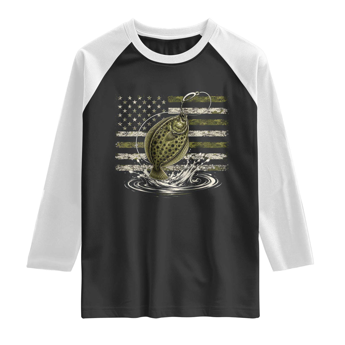 Flounder Fishing Camouflage American Flag Raglan Shirt Patriotic Flatfish Angler Gift Saltwater Fishing Lovers