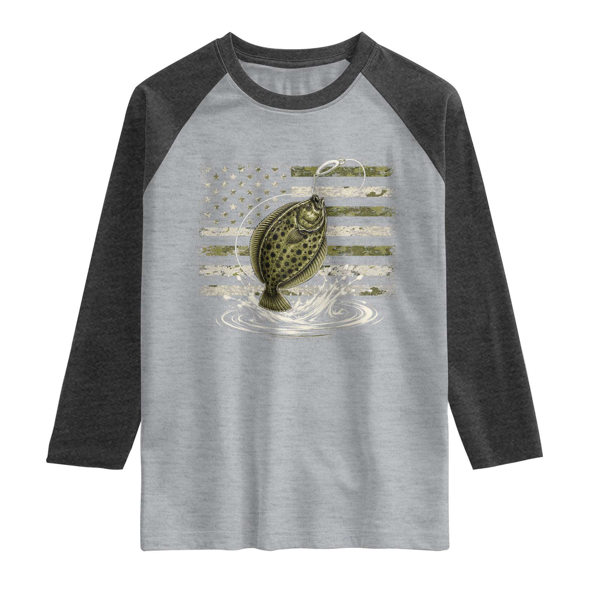 Flounder Fishing Camouflage American Flag Raglan Shirt Patriotic Flatfish Angler Gift Saltwater Fishing Lovers