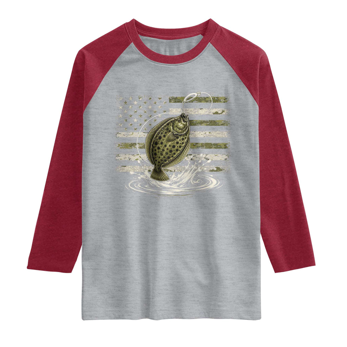 Flounder Fishing Camouflage American Flag Raglan Shirt Patriotic Flatfish Angler Gift Saltwater Fishing Lovers