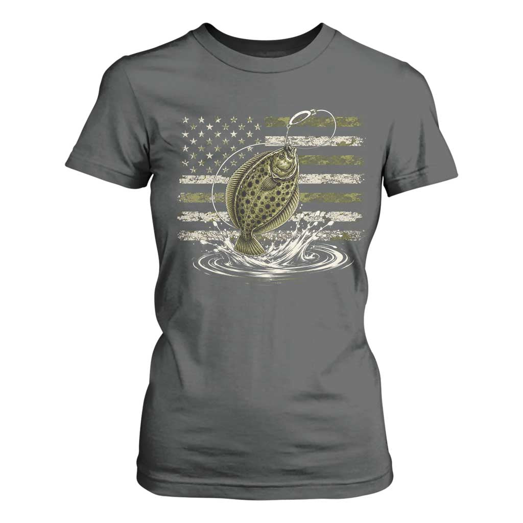 Flounder Fishing Camouflage American Flag T Shirt For Women Patriotic Flatfish Angler Gift Saltwater Fishing Lovers