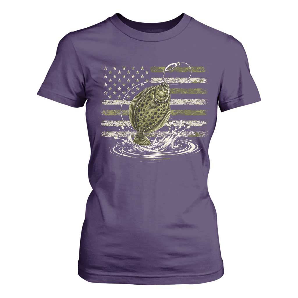Flounder Fishing Camouflage American Flag T Shirt For Women Patriotic Flatfish Angler Gift Saltwater Fishing Lovers