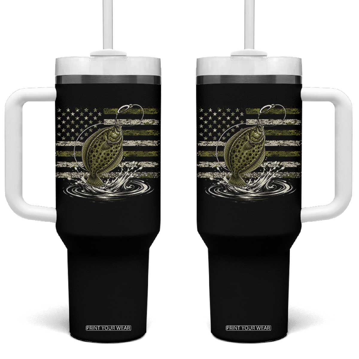 Flounder Fishing Camouflage American Flag Tumbler With Handle Patriotic Flatfish Angler Gift Saltwater Fishing Lovers