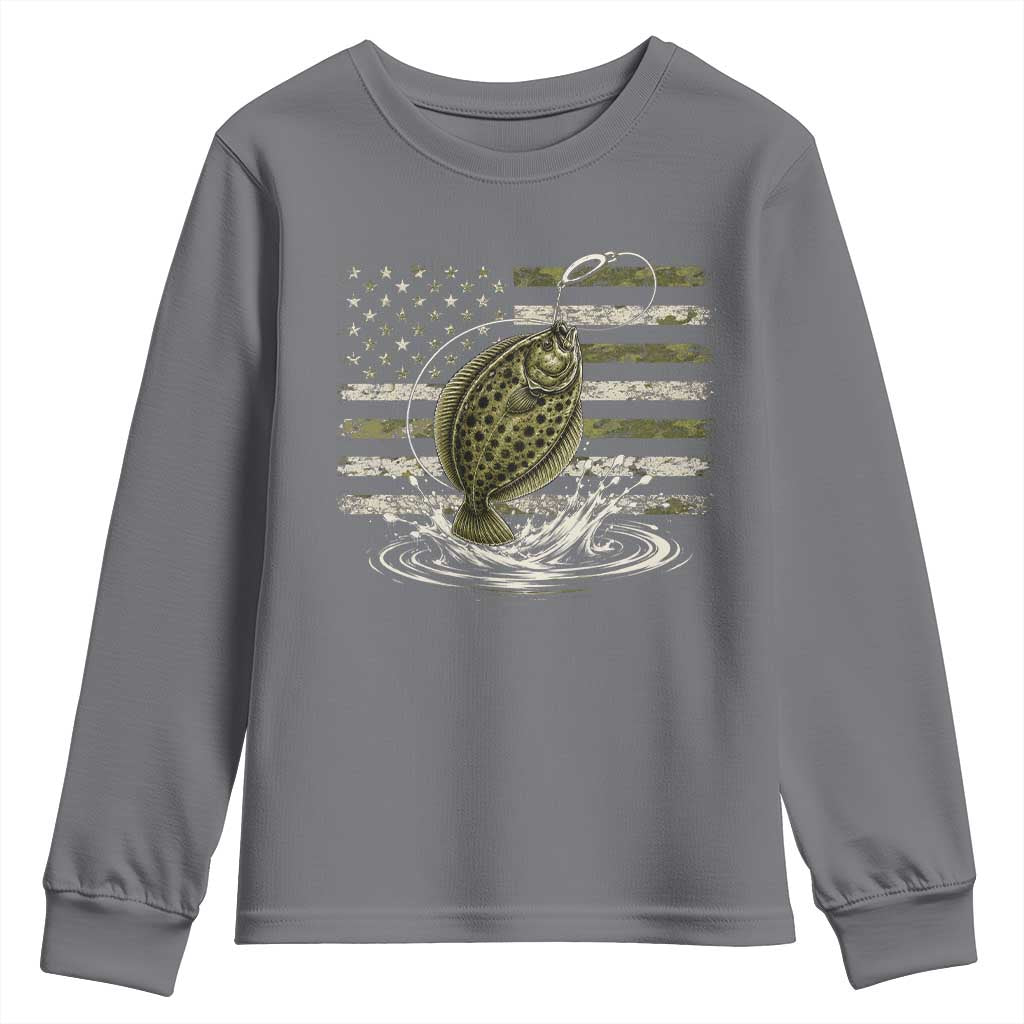 Flounder Fishing Camouflage American Flag Youth Sweatshirt Patriotic Flatfish Angler Gift Saltwater Fishing Lovers