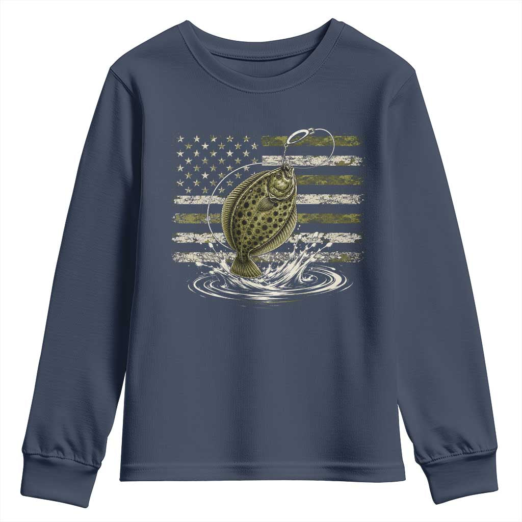 Flounder Fishing Camouflage American Flag Youth Sweatshirt Patriotic Flatfish Angler Gift Saltwater Fishing Lovers