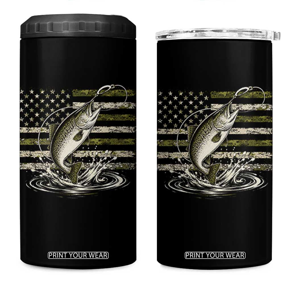 Camouflage American Flag Trout Fishing 4 in 1 Can Cooler Tumbler Patriotic Saltwater Angler Gift Sea Fishing Lovers