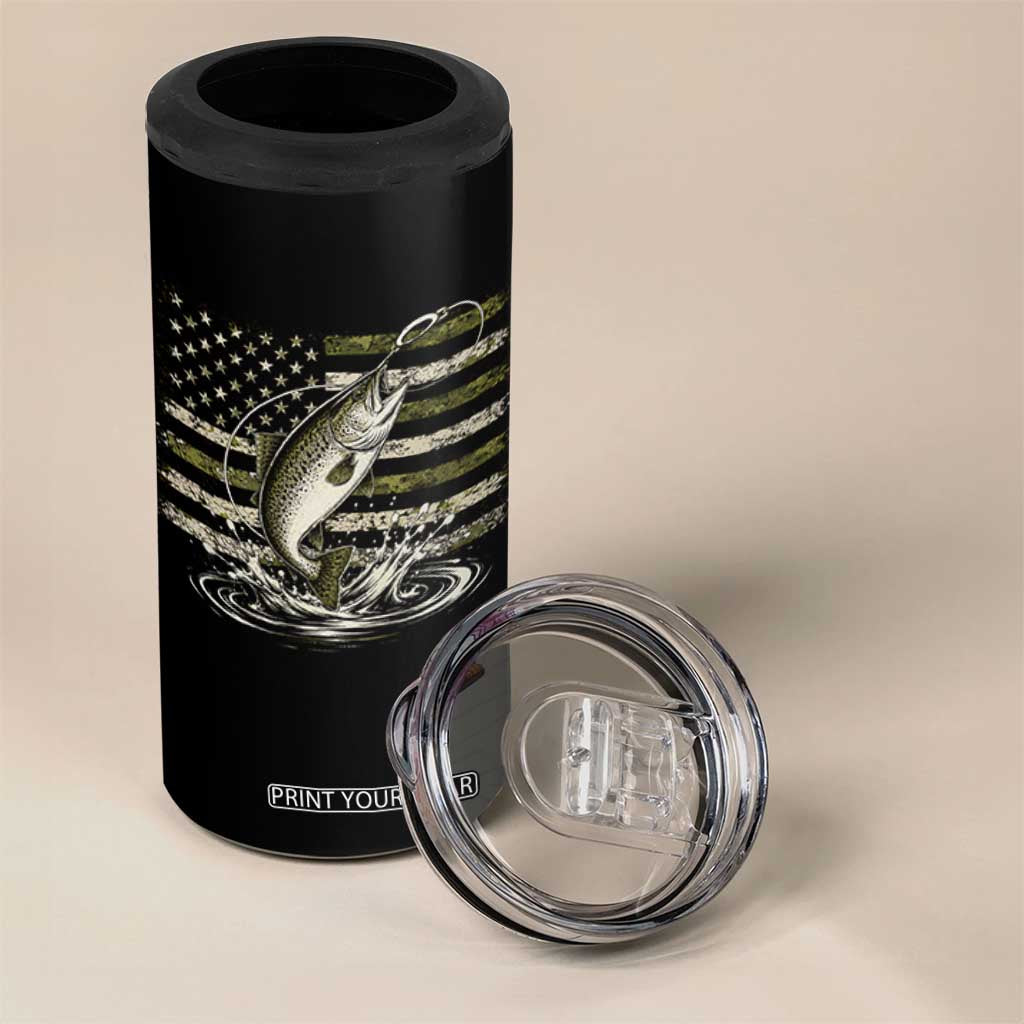 Camouflage American Flag Trout Fishing 4 in 1 Can Cooler Tumbler Patriotic Saltwater Angler Gift Sea Fishing Lovers