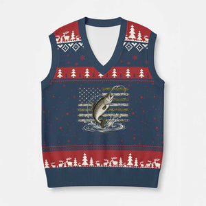 Camouflage American Flag Trout Fishing V-Neck Knit Sweater Vest Patriotic Saltwater Angler Gift Sea Fishing Lovers