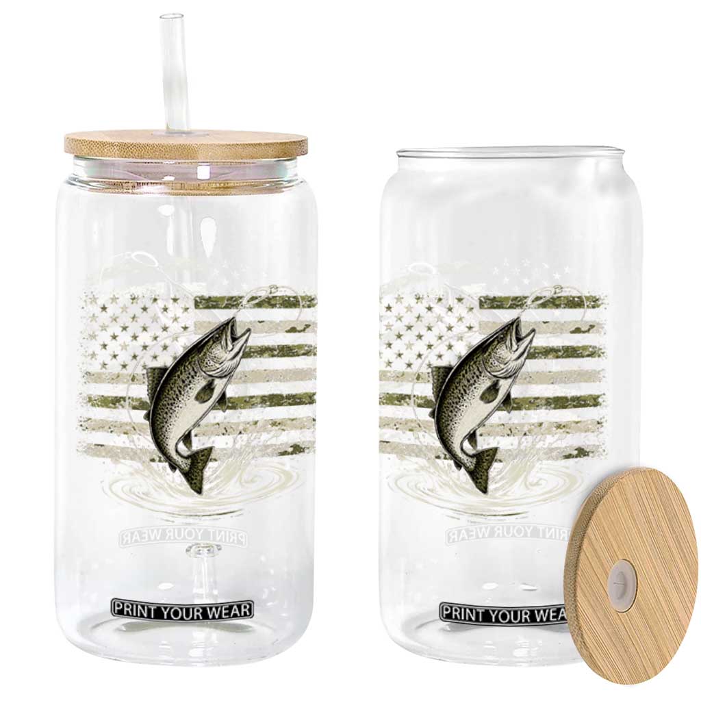 Camouflage American Flag Trout Fishing Glass Can Patriotic Saltwater Angler Gift Sea Fishing Lovers