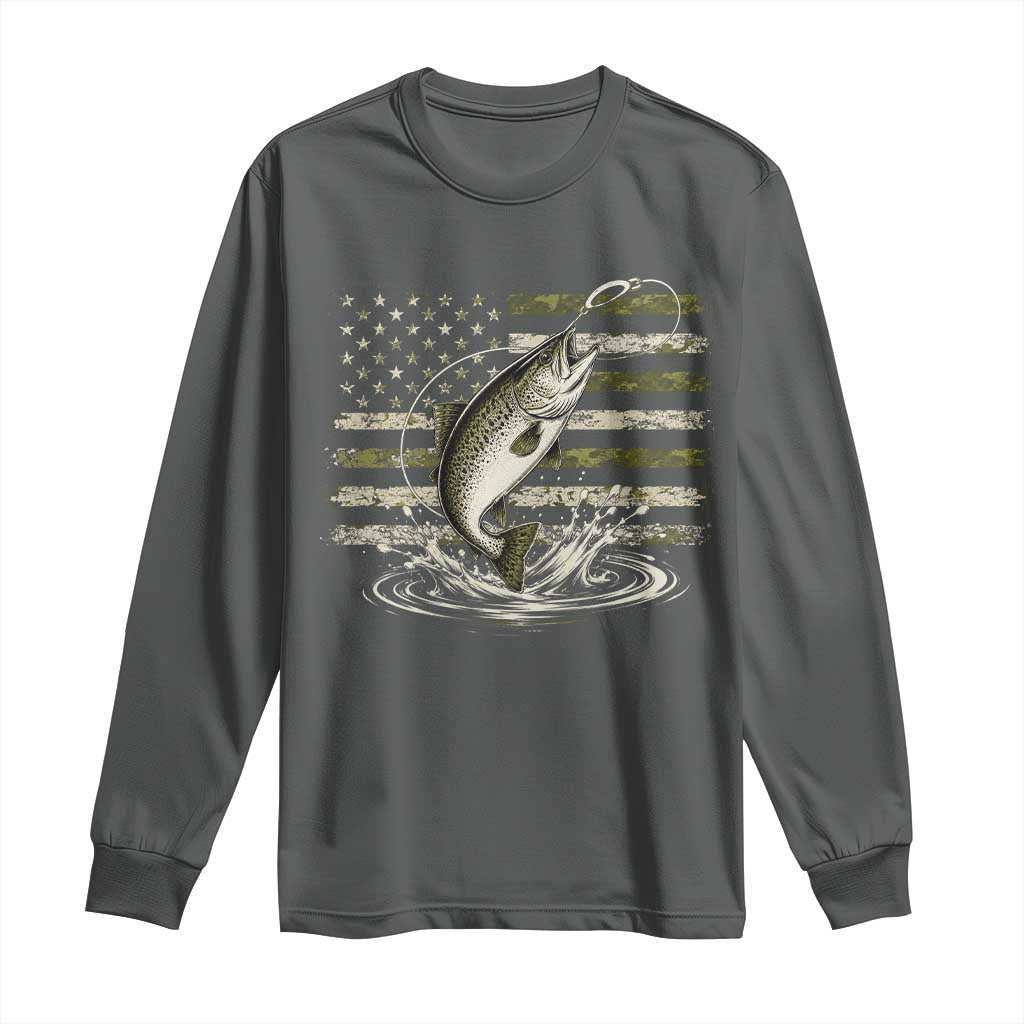 Camouflage American Flag Trout Fishing Long Sleeve Shirt Patriotic Saltwater Angler Gift Sea Fishing Lovers