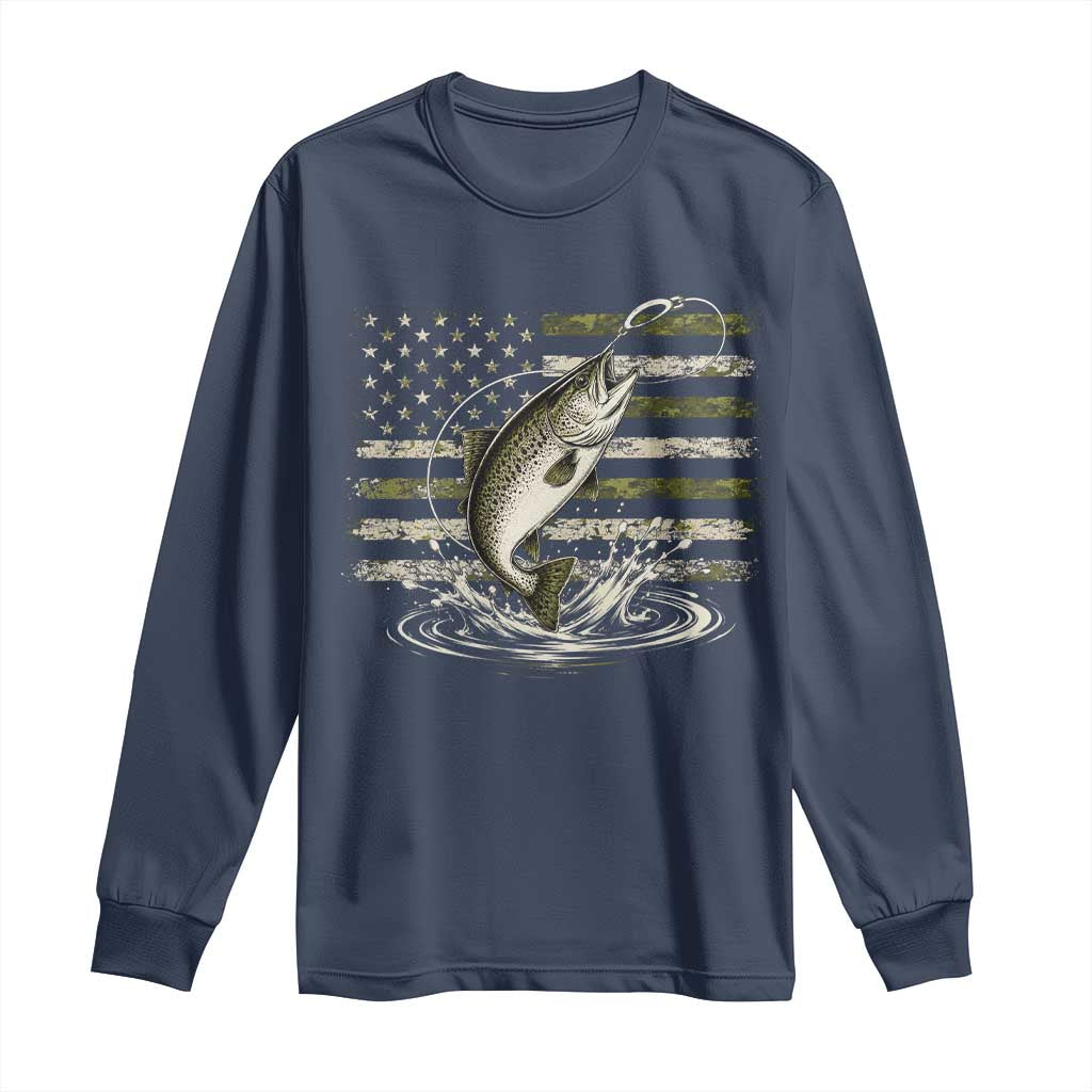 Camouflage American Flag Trout Fishing Long Sleeve Shirt Patriotic Saltwater Angler Gift Sea Fishing Lovers