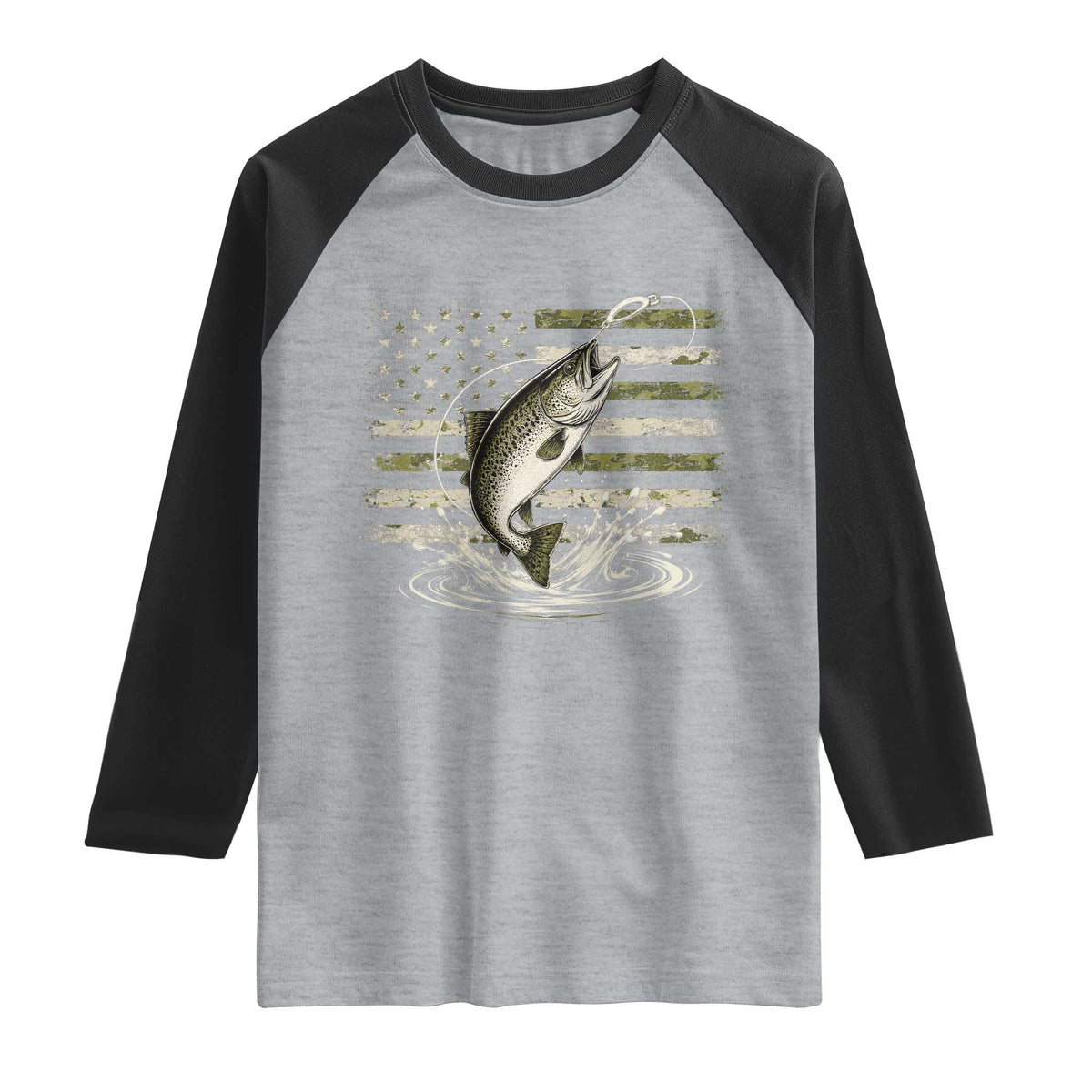 Camouflage American Flag Trout Fishing Raglan Shirt Patriotic Saltwater Angler Gift Sea Fishing Lovers