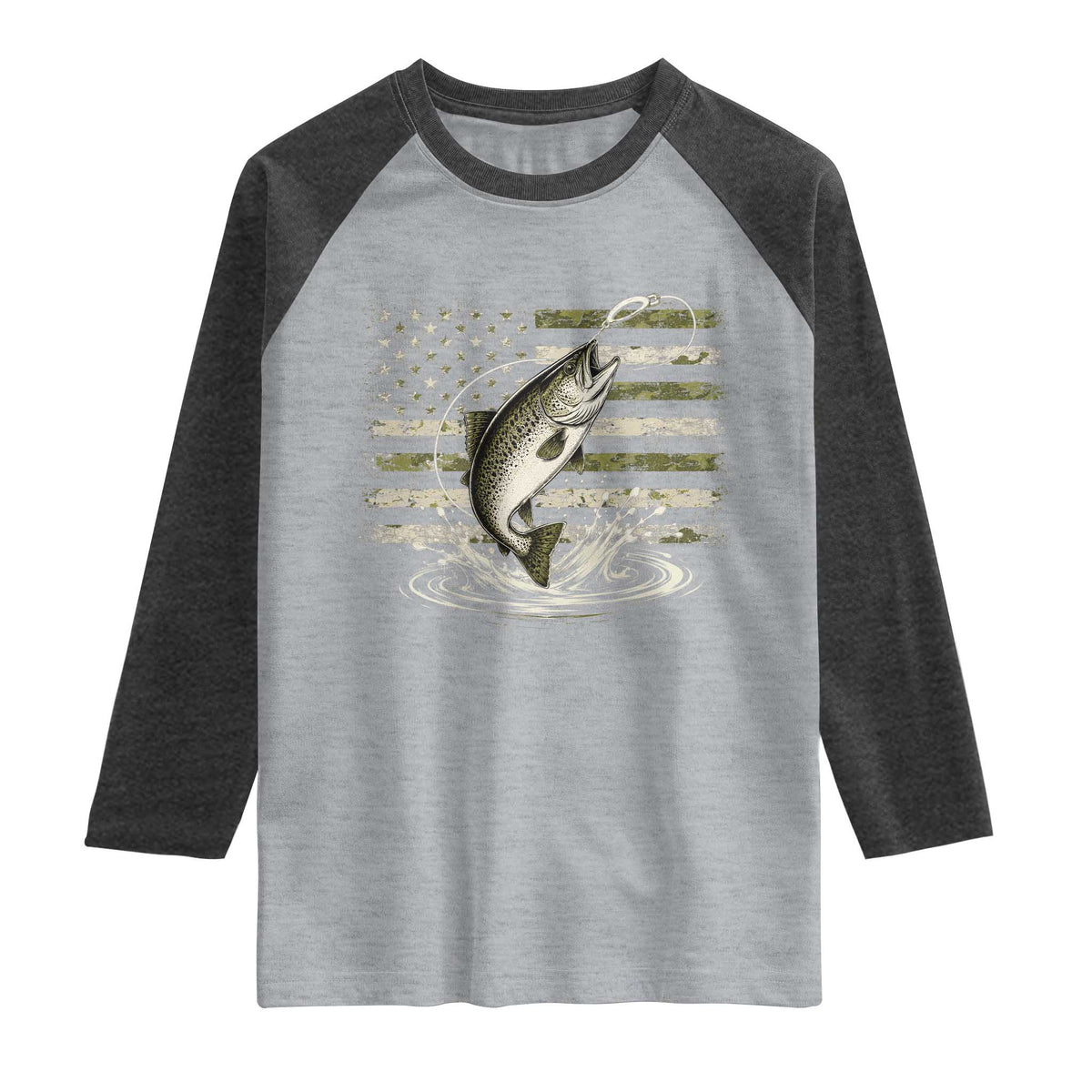 Camouflage American Flag Trout Fishing Raglan Shirt Patriotic Saltwater Angler Gift Sea Fishing Lovers