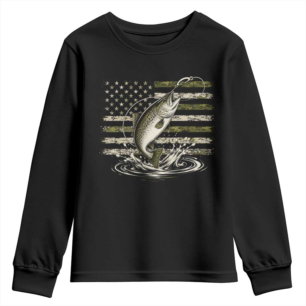 Camouflage American Flag Trout Fishing Youth Sweatshirt Patriotic Saltwater Angler Gift Sea Fishing Lovers TS10 Black Print Your Wear