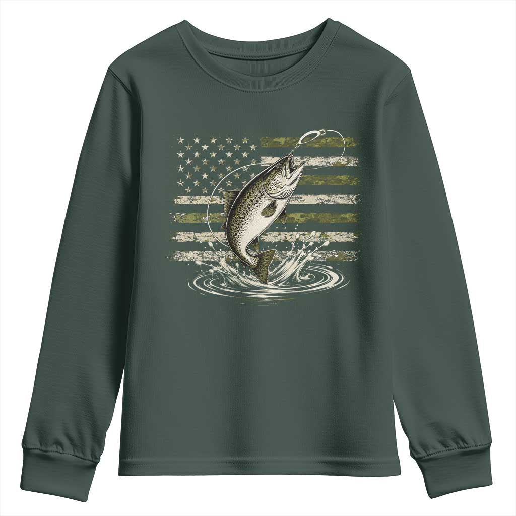 Camouflage American Flag Trout Fishing Youth Sweatshirt Patriotic Saltwater Angler Gift Sea Fishing Lovers