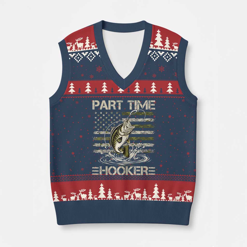 Part Time Hooker V-Neck Knit Sweater Vest Retro Funny Fishing Camouflage Camo US Flag