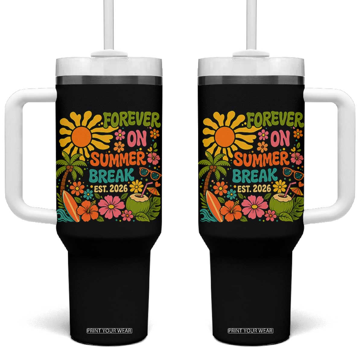 Retired Teacher Gift Tumbler With Handle Forever On Summer Break Retirement 2026 Vintage Flower Graphic TS10 One Size: 40 oz Black Print Your Wear
